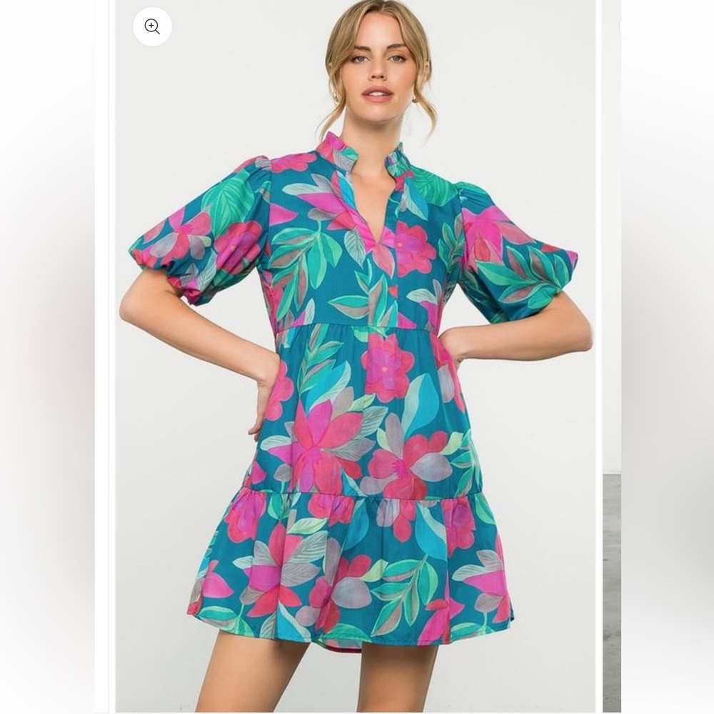 NWT THML Teal Floral Puff Sleeve Mini Dress